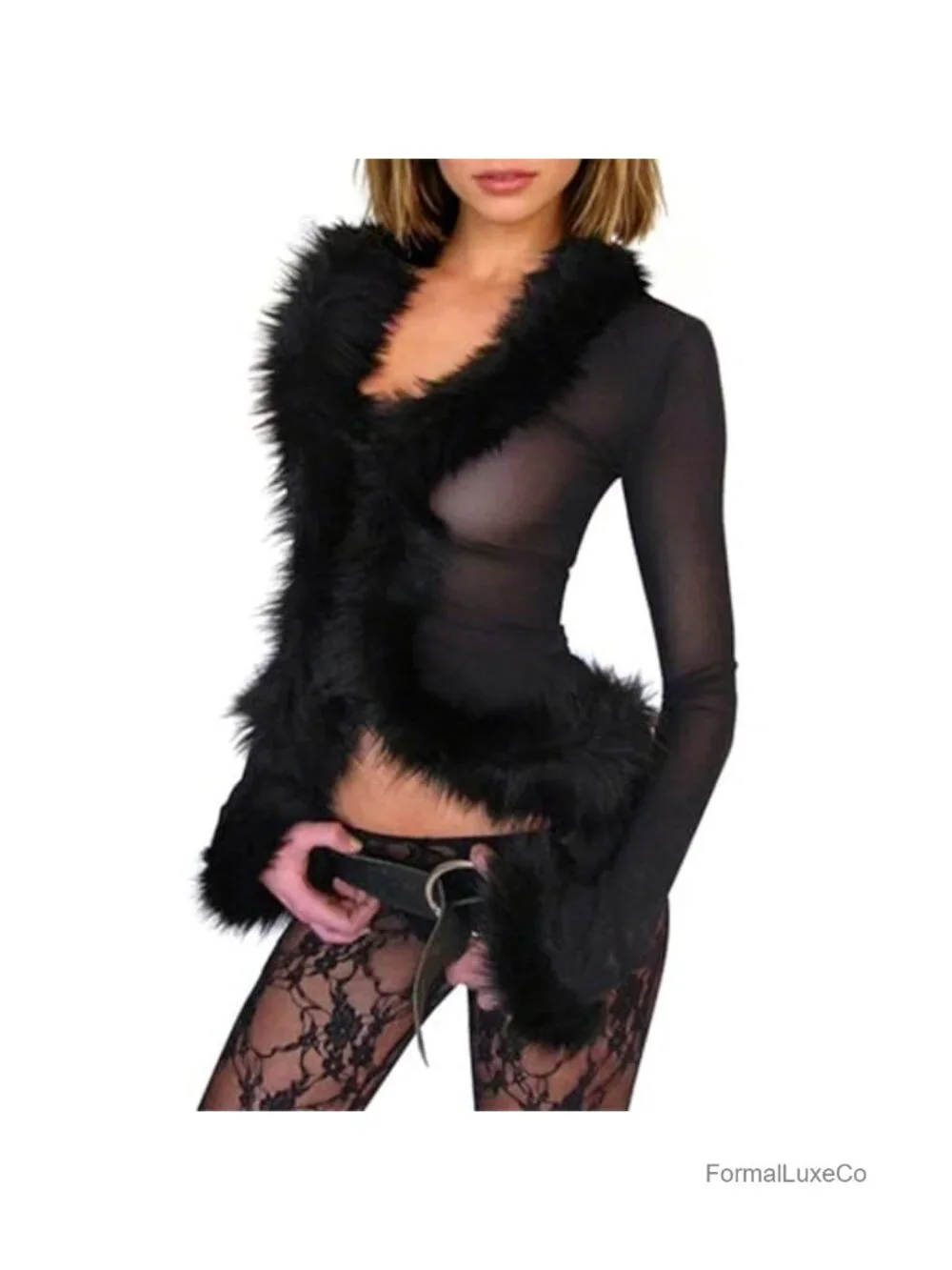 Fuzzy Fur Trim Mesh Crop Top Women Sexy See Through Long Sleeve Cardigan